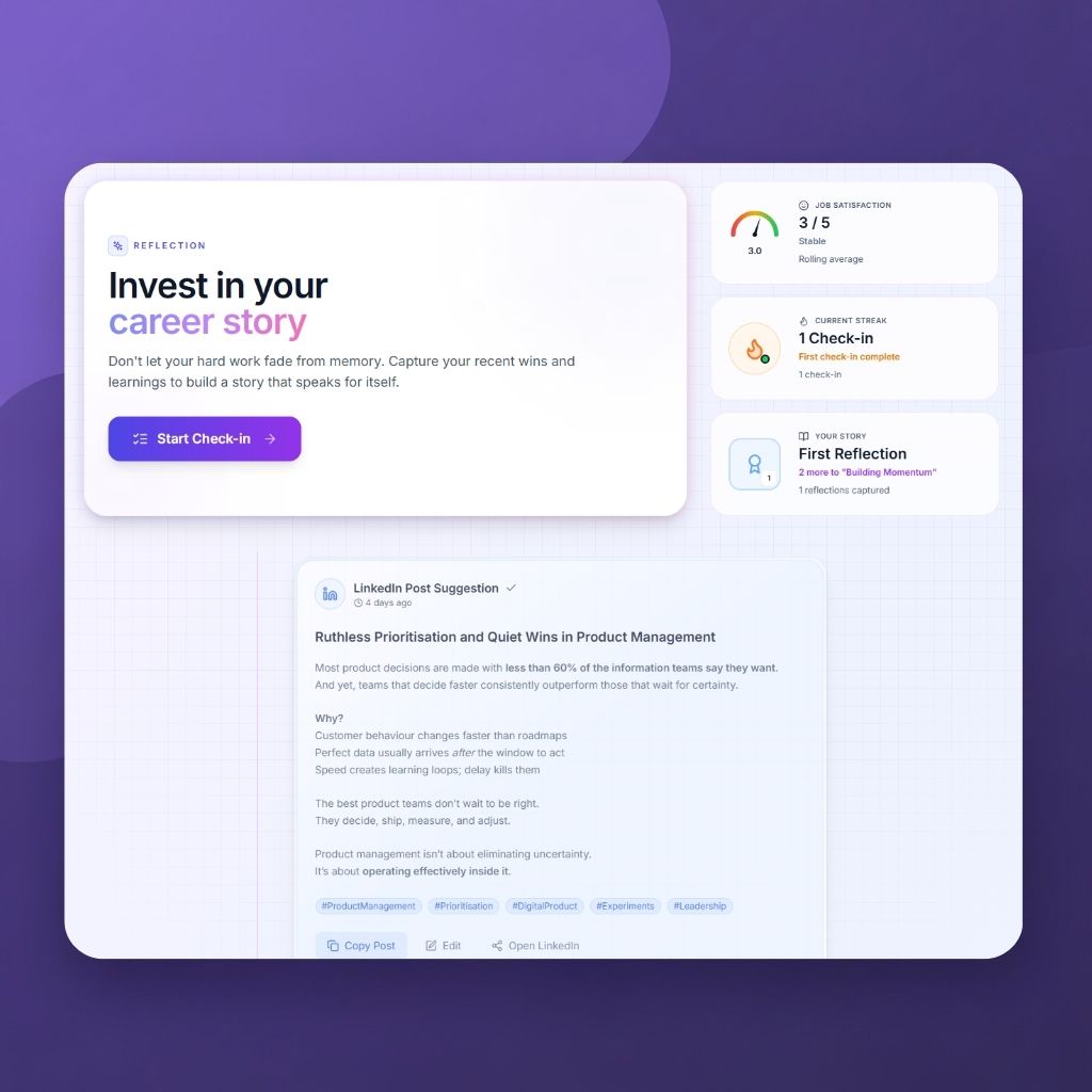 StoryVue dashboard showing your career timeline and achievements